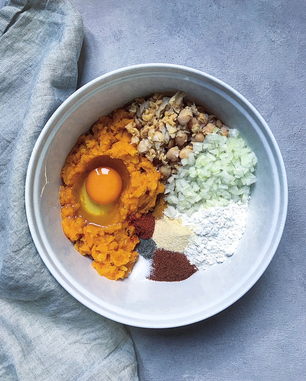 I like to place my ingredients in a large white bowl so you can see all the items. Yes, it also makes an Instagram-worthy photo!