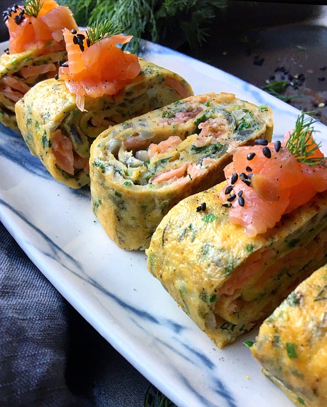 The smoked salmon works perfect in the Tamagoyaki but you can easily play with the ingredients and create your own version.